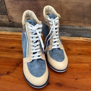 Mario Raspini blue and cream colored wedge sneakers. Size 39 (8.5-9)